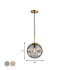 Dimpled Sphere Ceiling Pendant Modern Cognac/Smoke Grey Glass 1 Head Brass Hanging Light Fixture for Living Room