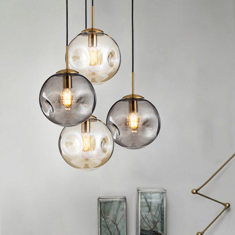 Dimpled Sphere Ceiling Pendant Modern Cognac/Smoke Grey Glass 1 Head Brass Hanging Light Fixture for Living Room