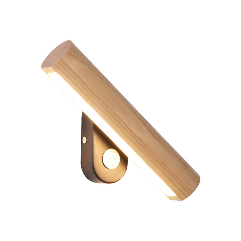 Rotatable Tube Bedside Wall Mount Light Wood 8.5"/12.5" Wide LED Simple Wall Lamp Fixture in Warm/White Light