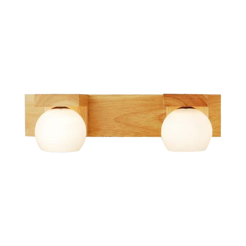 Linear Bathroom Vanity Sconce Wood 2/3 Heads Nordic Wall Mount Lamp with Ball Opal Glass Shade