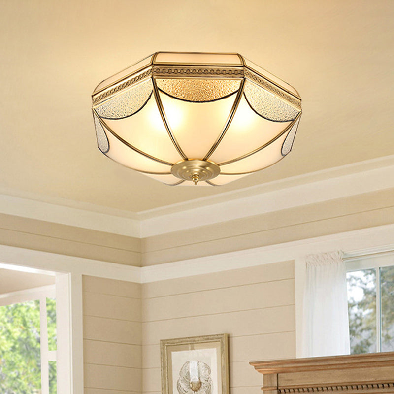 Scalloped/Bowl/Flower Frosted Glass Flush Mount Light Vintage 3 Lights Bedroom Ceiling Light in Brass