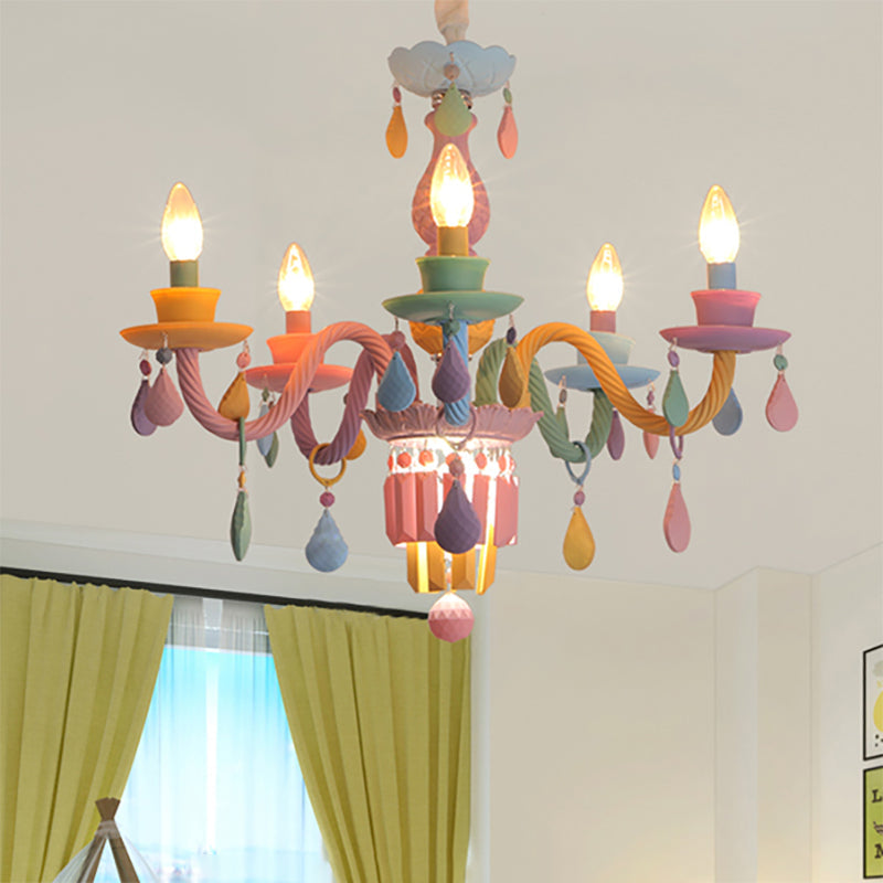 Nursing Room Foyer Candle Pendant Light Glass Kids Multi-Color Chandelier with Teardrop