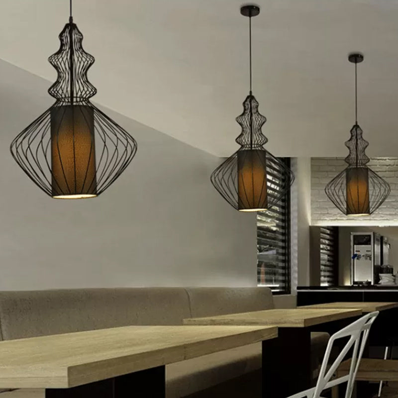 Gourd Shaped Iron Pendant Lighting Retro 1 Bulb Dining Room Ceiling Hanging Lantern with Fabric Shade Inside in Black