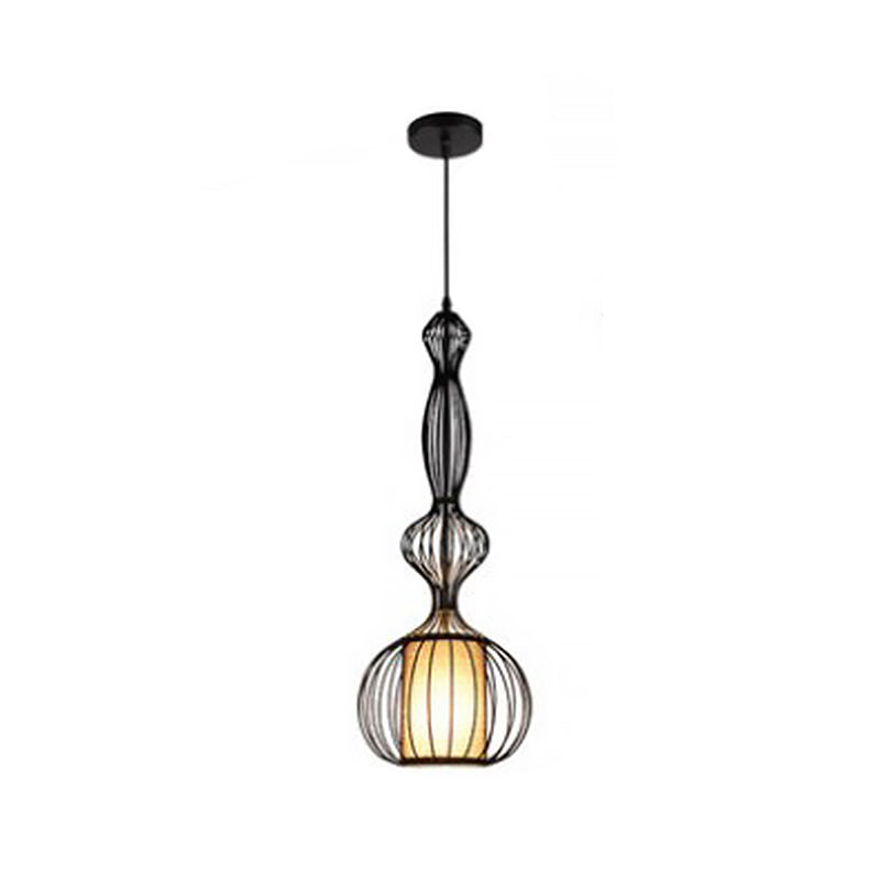 Gourd Shaped Iron Pendant Lighting Retro 1 Bulb Dining Room Ceiling Hanging Lantern with Fabric Shade Inside in Black
