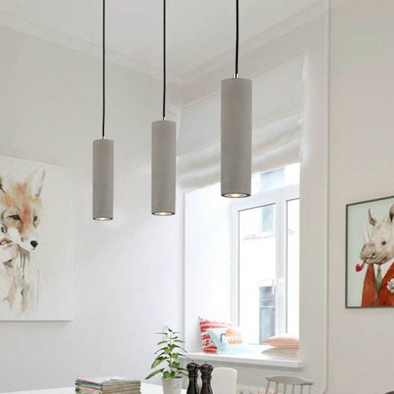 Tubular Bedside Down Lighting Pendant Cement 10.5"/19.5" Tall LED Nordic Ceiling Lamp in White/Yellow Light