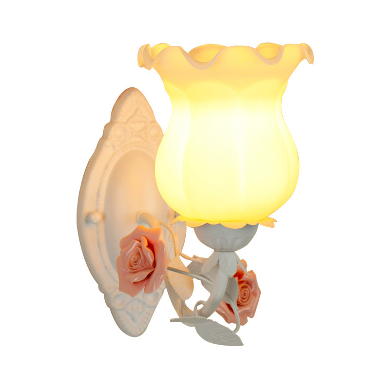 Pink/Green/Blue 1-Light Wall Sconce American Garden Frosted White Glass Floral Wall Mounted Light