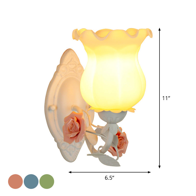 Pink/Green/Blue 1-Light Wall Sconce American Garden Frosted White Glass Floral Wall Mounted Light
