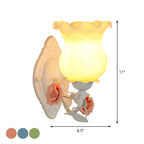 Pink/Green/Blue 1-Light Wall Sconce American Garden Frosted White Glass Floral Wall Mounted Light
