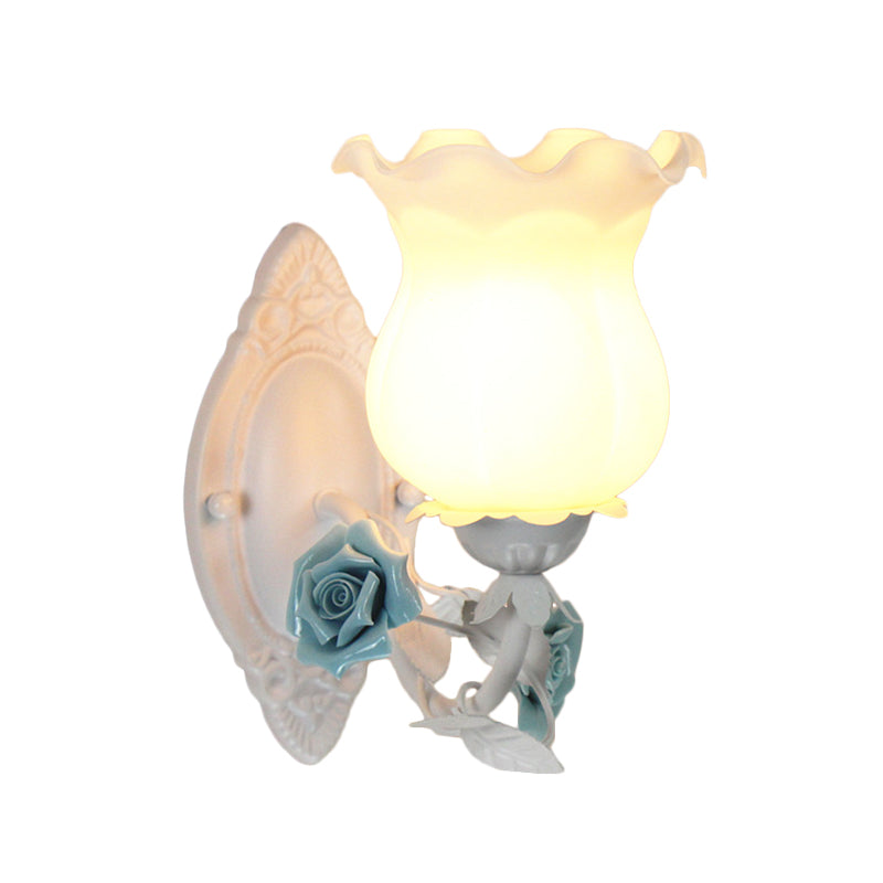 Pink/Green/Blue 1-Light Wall Sconce American Garden Frosted White Glass Floral Wall Mounted Light