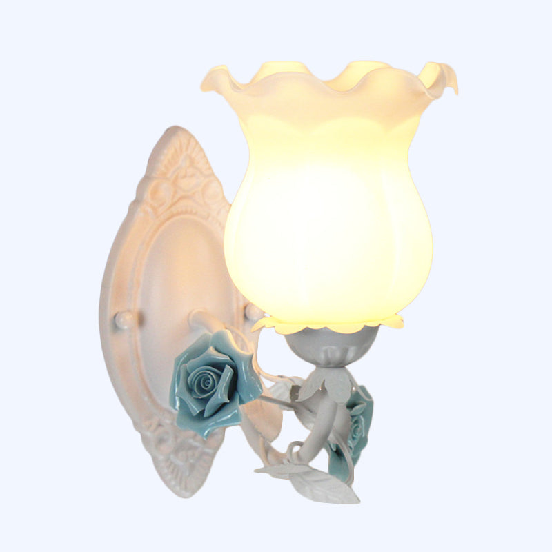 Pink/Green/Blue 1-Light Wall Sconce American Garden Frosted White Glass Floral Wall Mounted Light