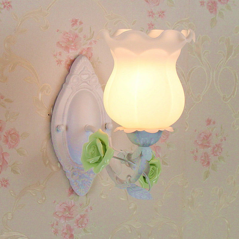 Pink/Green/Blue 1-Light Wall Sconce American Garden Frosted White Glass Floral Wall Mounted Light