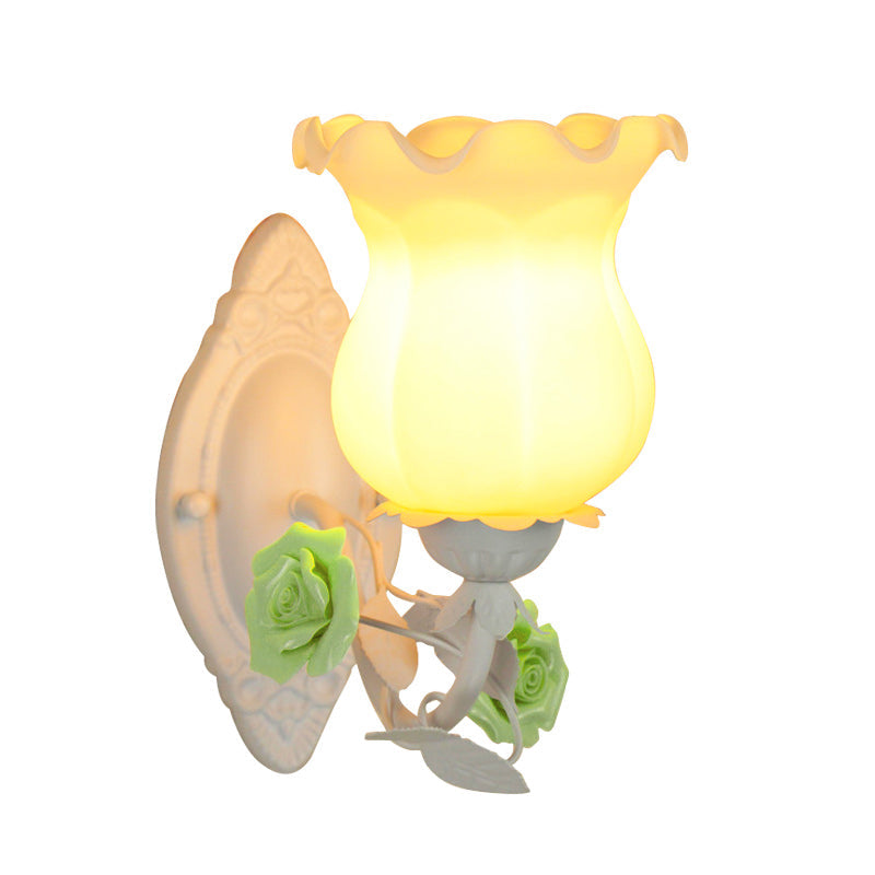 Pink/Green/Blue 1-Light Wall Sconce American Garden Frosted White Glass Floral Wall Mounted Light