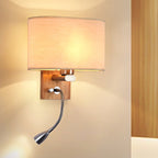 Flexible Spotlight Bedside Reading Light Fabric Single Nordic Wall Lamp with Oval Fabric Shade in Beige/Flaxen/Champagne