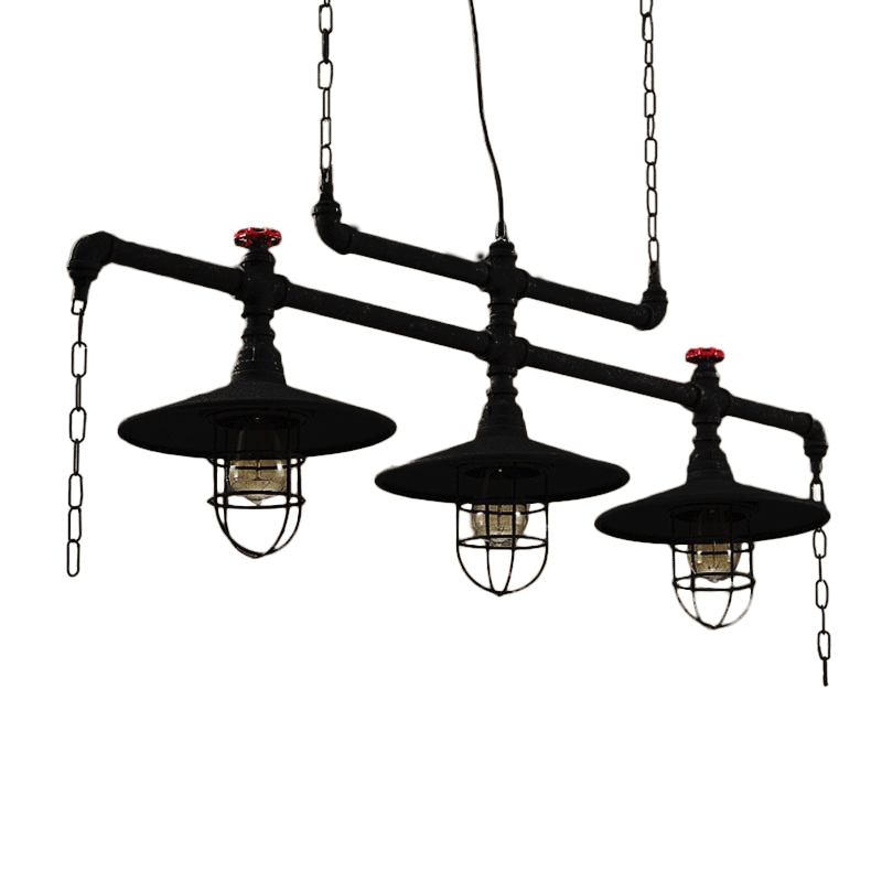 2/3 Heads Saucer Island Lighting Steampunk Black Iron Hanging Light Fixture with Cage and Chain Deco