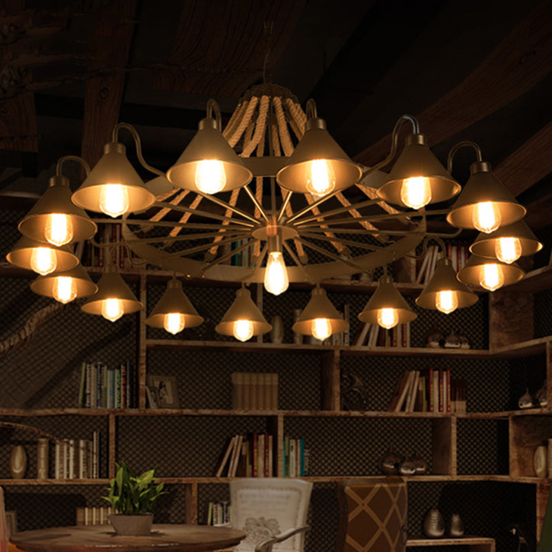 Metal Black Chandelier Light Fixture Cone Industrial Rope Ceiling Suspension Lamp with Wagon Wheel Design