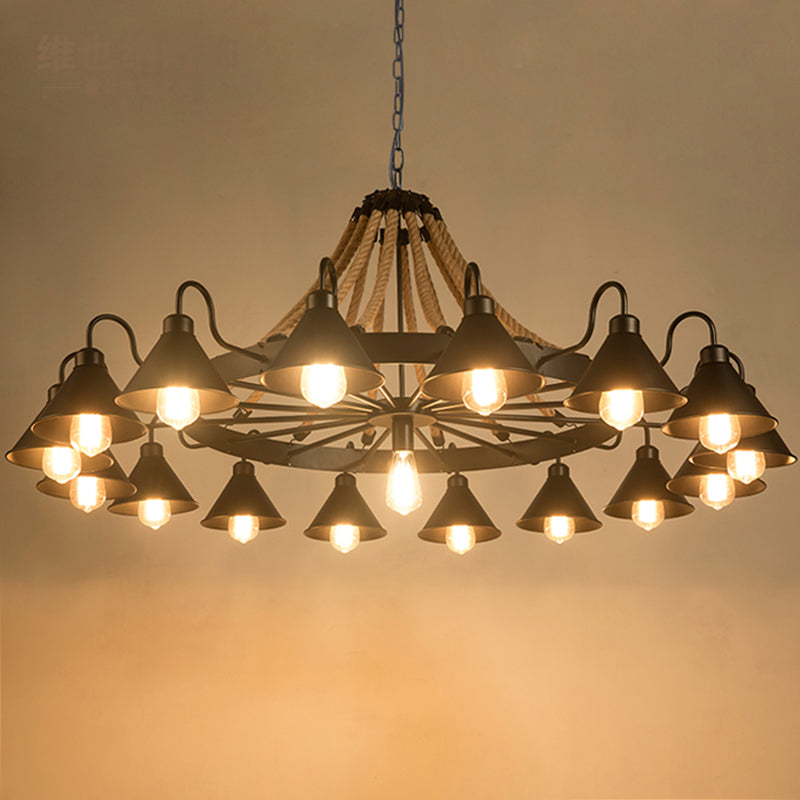 Metal Black Chandelier Light Fixture Cone Industrial Rope Ceiling Suspension Lamp with Wagon Wheel Design
