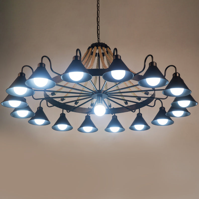Metal Black Chandelier Light Fixture Cone Industrial Rope Ceiling Suspension Lamp with Wagon Wheel Design