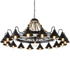 Metal Black Chandelier Light Fixture Cone Industrial Rope Ceiling Suspension Lamp with Wagon Wheel Design