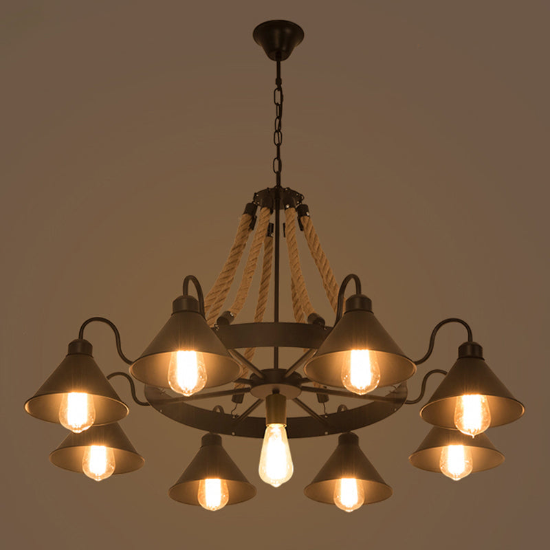 Metal Black Chandelier Light Fixture Cone Industrial Rope Ceiling Suspension Lamp with Wagon Wheel Design