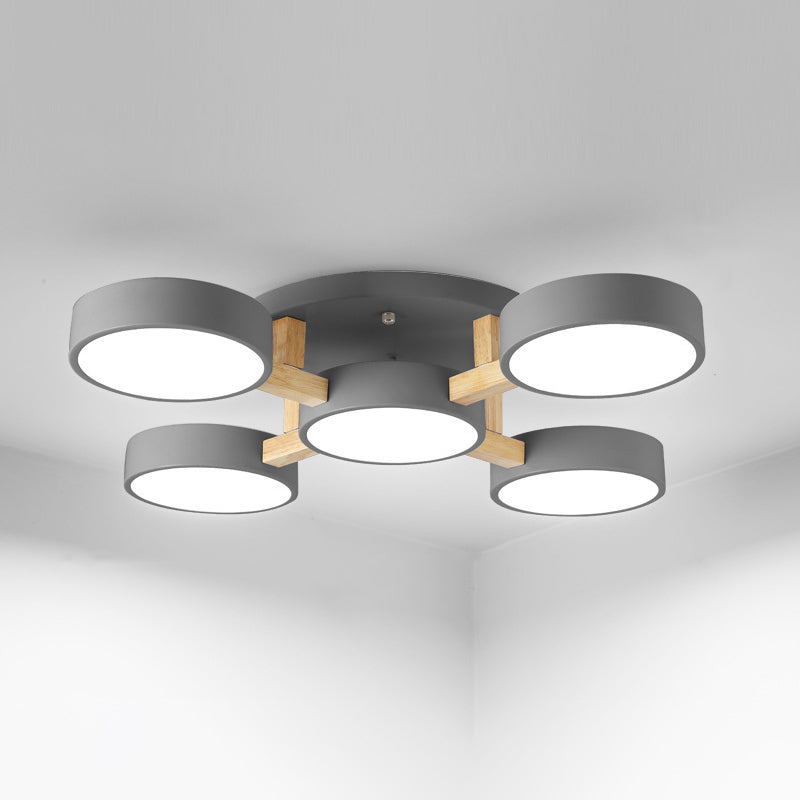 Round Living Room Semi Mount Lighting Acrylic Minimalist Ceiling Light Fixture with Wood Arm