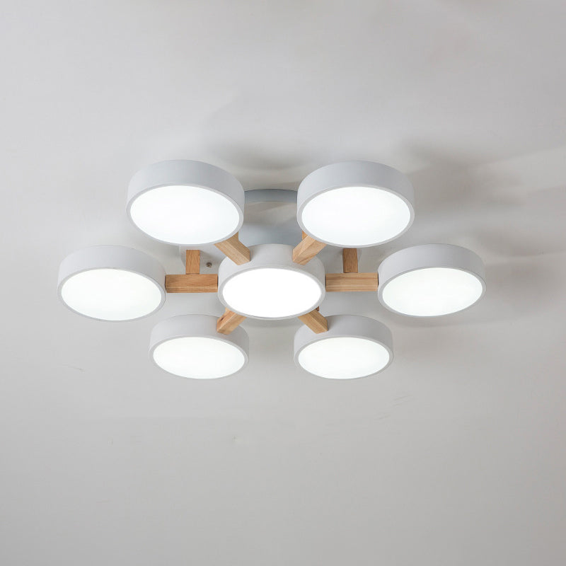 Round Living Room Semi Mount Lighting Acrylic Minimalist Ceiling Light Fixture with Wood Arm