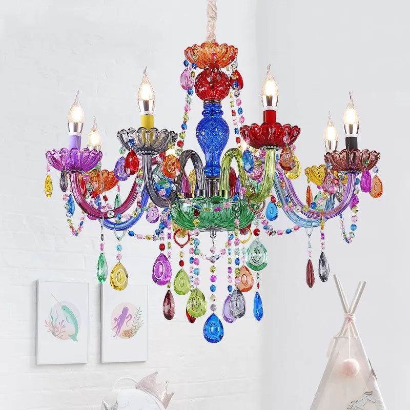 Fake Candle Pendant Light Pretty Glass Multi-Colored Chandelier with Teardrop Crystal for Kindergarten