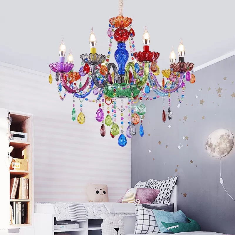 Fake Candle Pendant Light Pretty Glass Multi-Colored Chandelier with Teardrop Crystal for Kindergarten