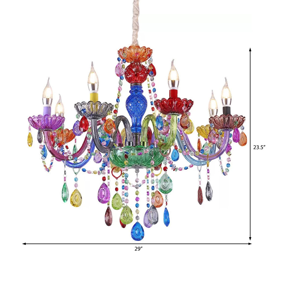 Fake Candle Pendant Light Pretty Glass Multi-Colored Chandelier with Teardrop Crystal for Kindergarten