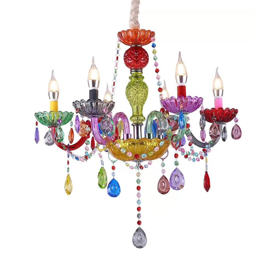 Fake Candle Pendant Light Pretty Glass Multi-Colored Chandelier with Teardrop Crystal for Kindergarten