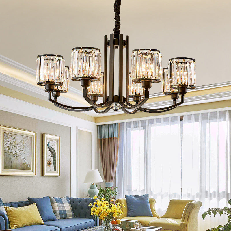 Black Cylinder Pendant Lighting Fixture Classic Faceted Crystal Living Room Chandelier Lamp