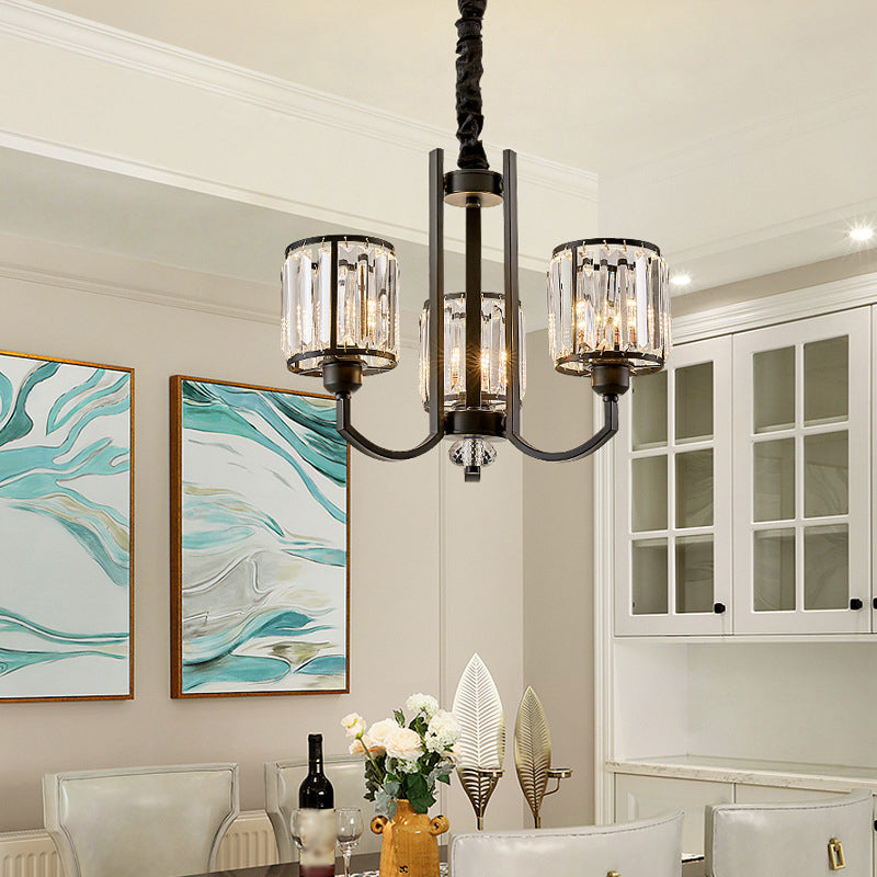 Black Cylinder Pendant Lighting Fixture Classic Faceted Crystal Living Room Chandelier Lamp