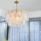 Scalloped Clear Textured Glass Drop Lamp Classic Dining Room Chandelier Light Fixture in Brass