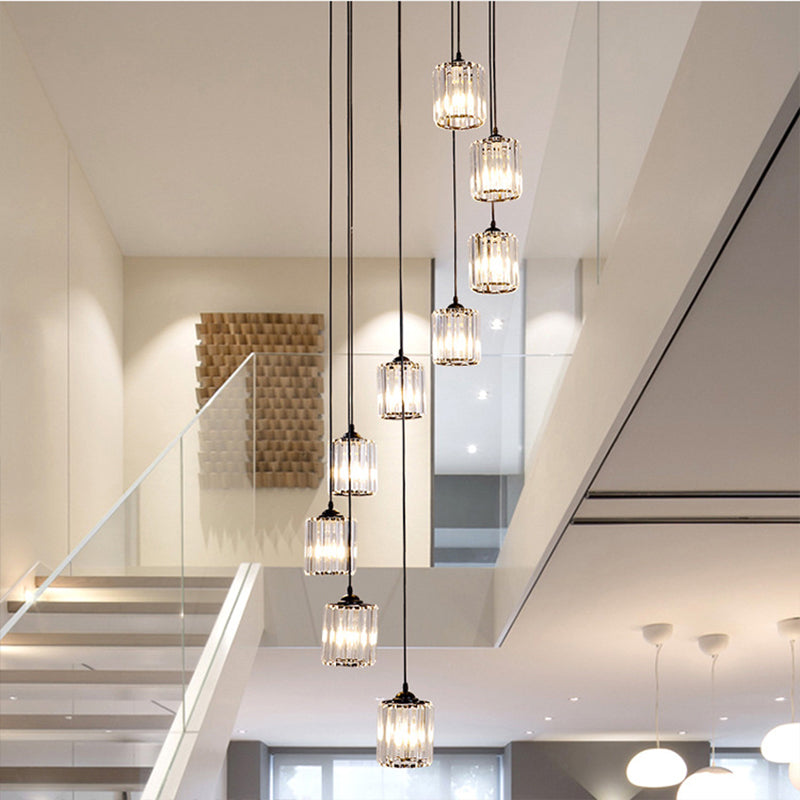 Cylinder Cluster Pendant Light Minimalist Clear Crystal Black Drop Lamp for Stairs