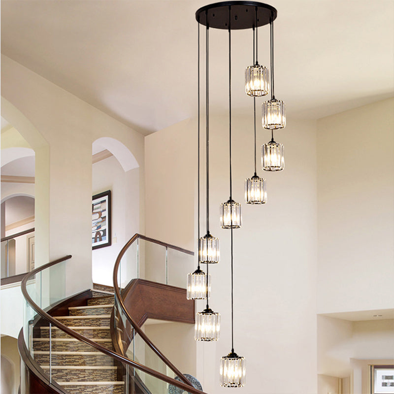Cylinder Cluster Pendant Light Minimalist Clear Crystal Black Drop Lamp for Stairs