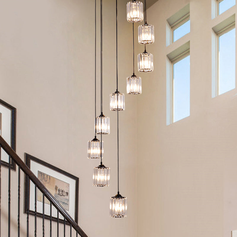 Cylinder Cluster Pendant Light Minimalist Clear Crystal Black Drop Lamp for Stairs