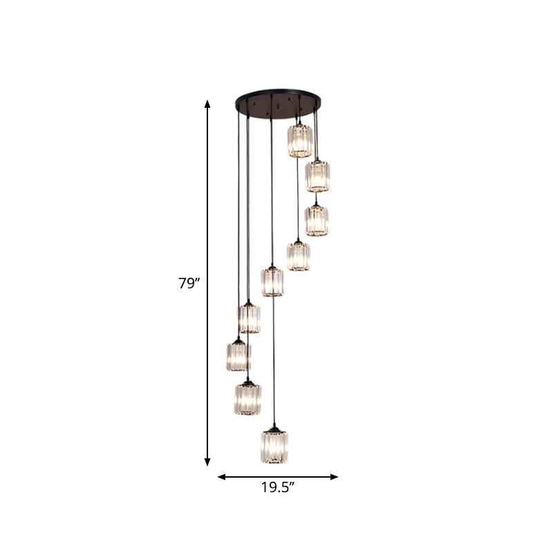 Cylinder Cluster Pendant Light Minimalist Clear Crystal Black Drop Lamp for Stairs