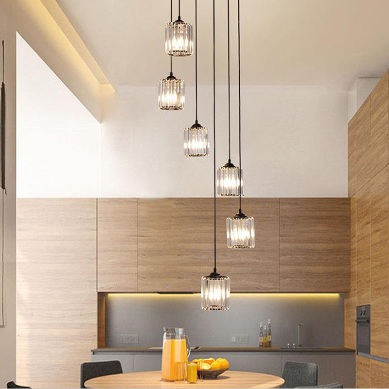Cylinder Cluster Pendant Light Minimalist Clear Crystal Black Drop Lamp for Stairs