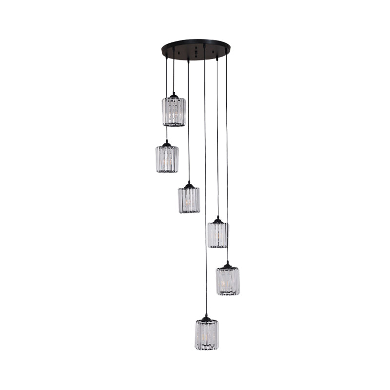 Cylinder Cluster Pendant Light Minimalist Clear Crystal Black Drop Lamp for Stairs