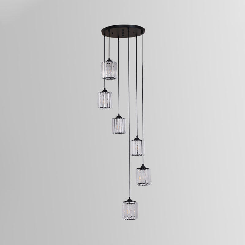 Cylinder Cluster Pendant Light Minimalist Clear Crystal Black Drop Lamp for Stairs