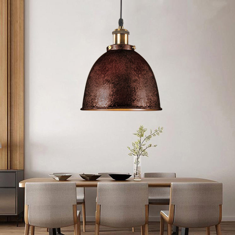 Antique Style Dome Pendant Lamp 1 Light Wrought Iron Hanging Light Fixture with Cord in Black/Rust