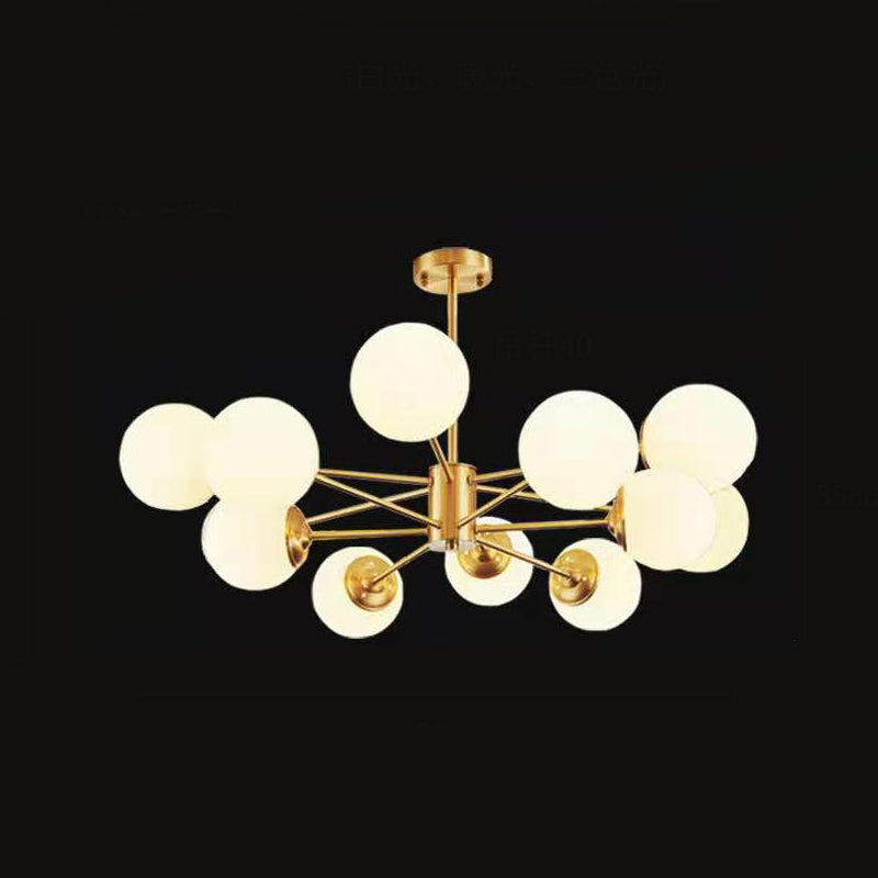 Radial Hanging Chandelier Nordic Metal Living Room Suspension Lamp with Ball Cream Glass Shade in Brass