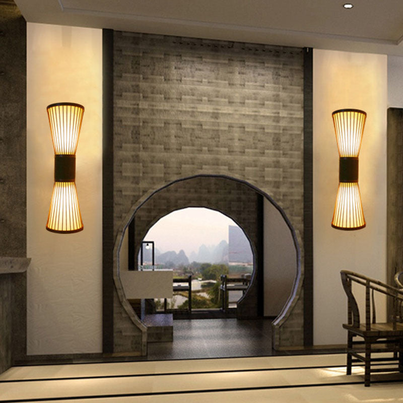 1 Head Corridor Wall Light Asian Wood Wall Sconce Lighting with Hourglass Bamboo Shade