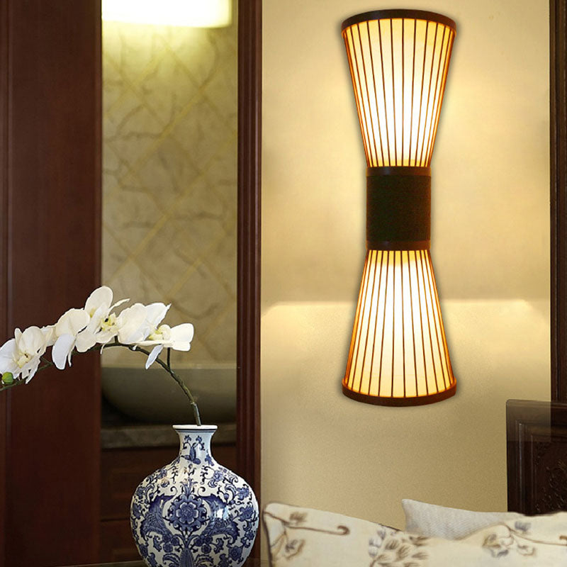 1 Head Corridor Wall Light Asian Wood Wall Sconce Lighting with Hourglass Bamboo Shade