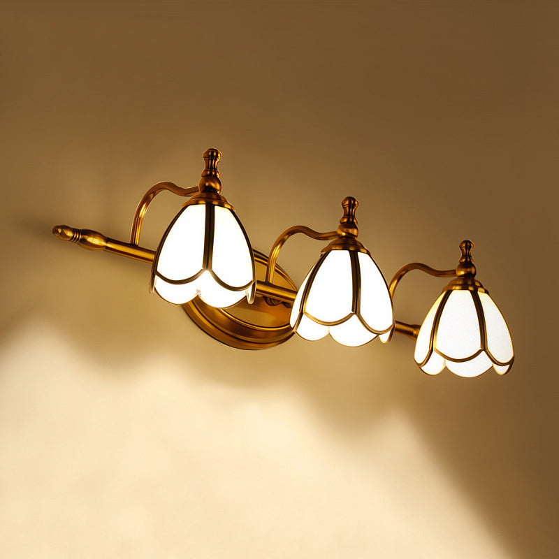 Vintage Scalloped Sconce Lighting Opal Glass Vanity Light Fixture in Brass for Bathroom