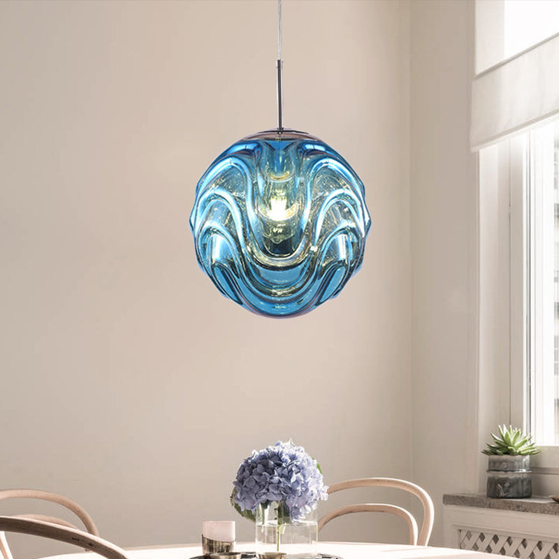 Contemporary 1 Light Pendant Light with Black/Silver/Blue Glass Shade Meringue Hanging Ceiling Light
