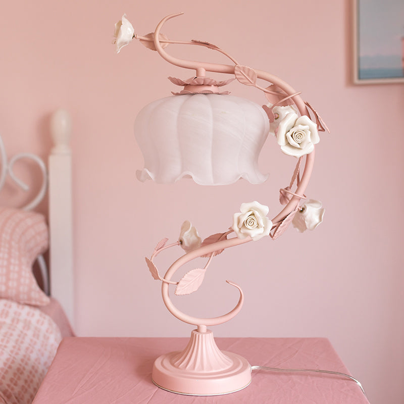 1 Head Table Lamp Pastoral Style Bud White Glass Nightstand Lighting with Ceramic Rose for Bedside