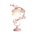 1 Head Table Lamp Pastoral Style Bud White Glass Nightstand Lighting with Ceramic Rose for Bedside