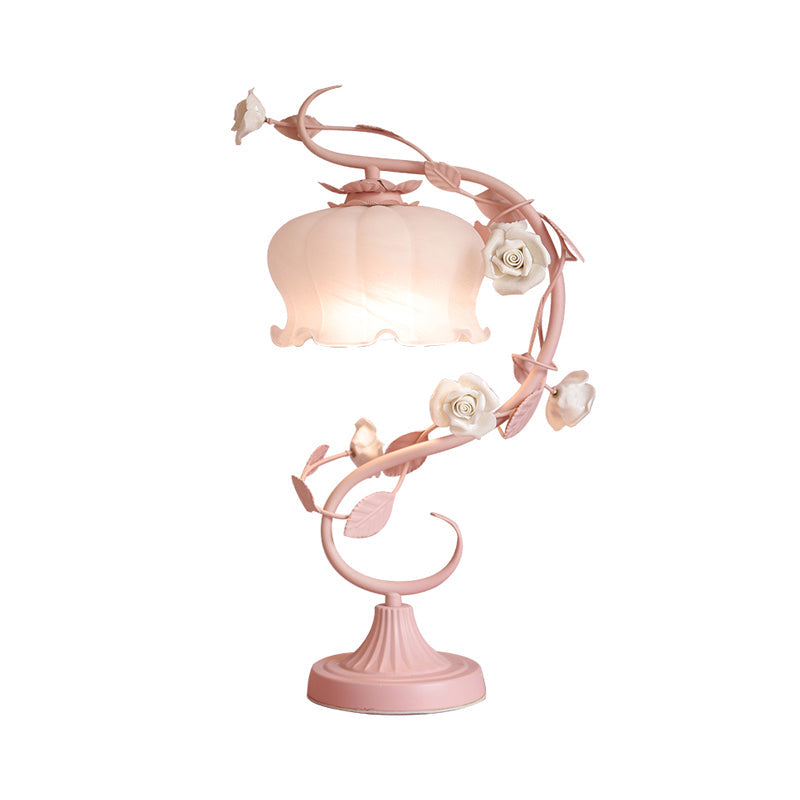 1 Head Table Lamp Pastoral Style Bud White Glass Nightstand Lighting with Ceramic Rose for Bedside