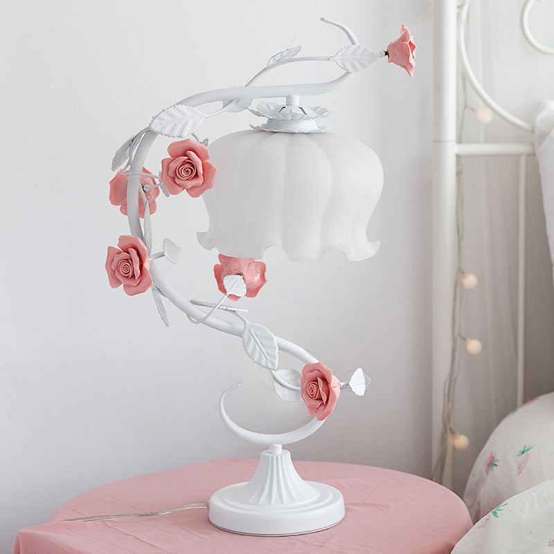 1 Head Table Lamp Pastoral Style Bud White Glass Nightstand Lighting with Ceramic Rose for Bedside