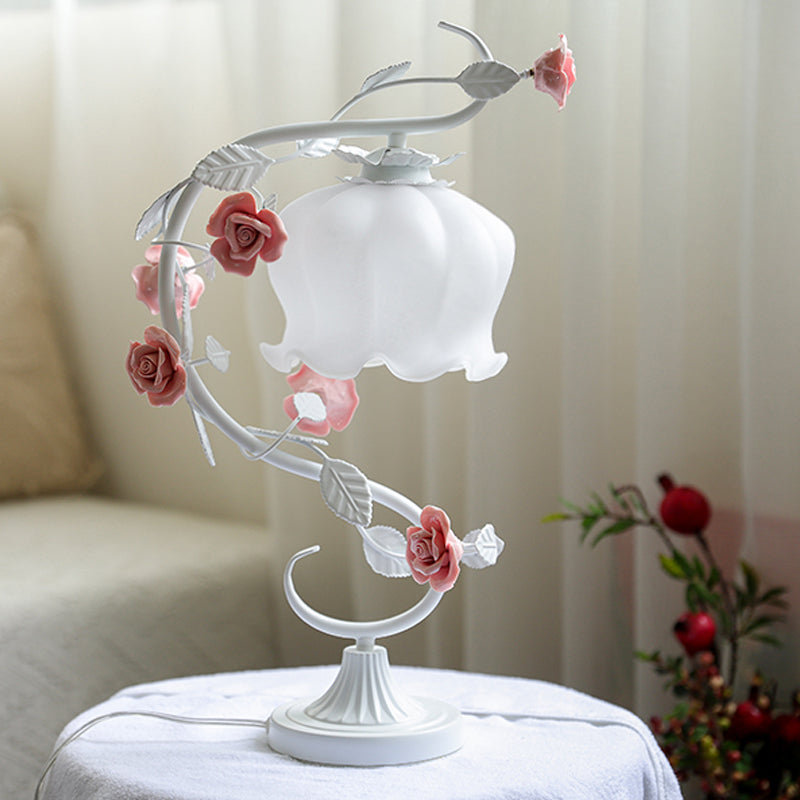 1 Head Table Lamp Pastoral Style Bud White Glass Nightstand Lighting with Ceramic Rose for Bedside